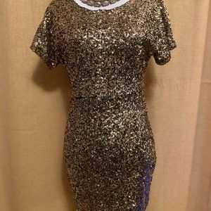 HAODUOYI Gold Sequin Short Sleeve  Mini Dress